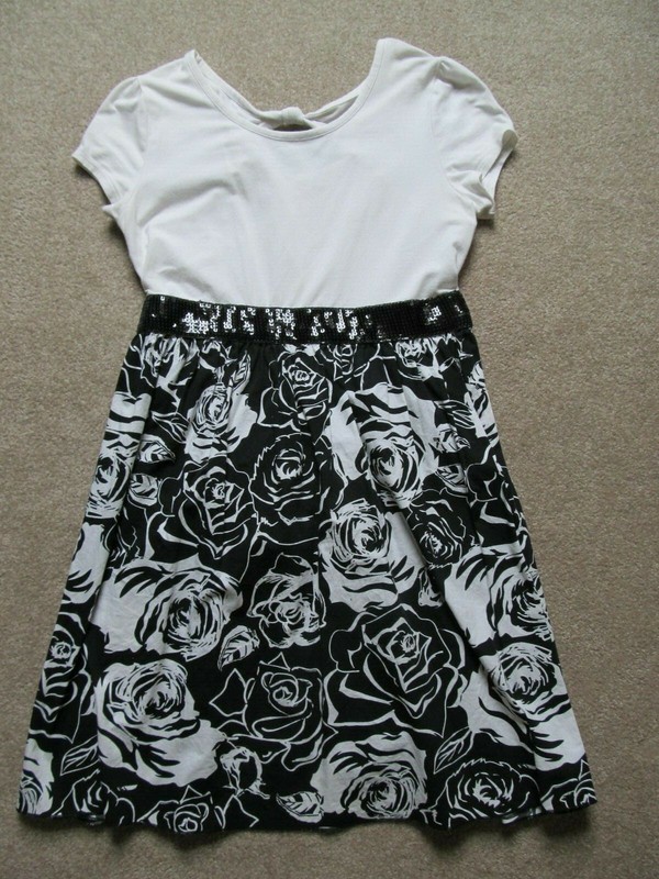Girls Size XL Dress w/White Cutout Back, Black Flower Bottom, Sequin waist band