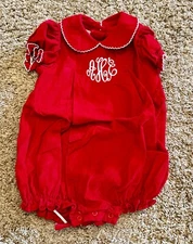 Red Corduroy Toddler Romper.  “AEH” initials monogrammed.  Size 12/18 month.