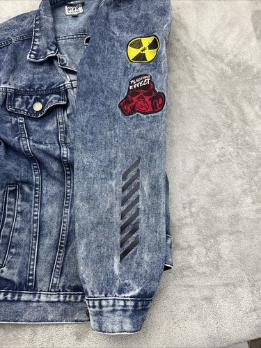 Rebel Star Denim Blue Jean Jacket With Patches Mens Sz M Measured Pockets - Picture 11 of 24