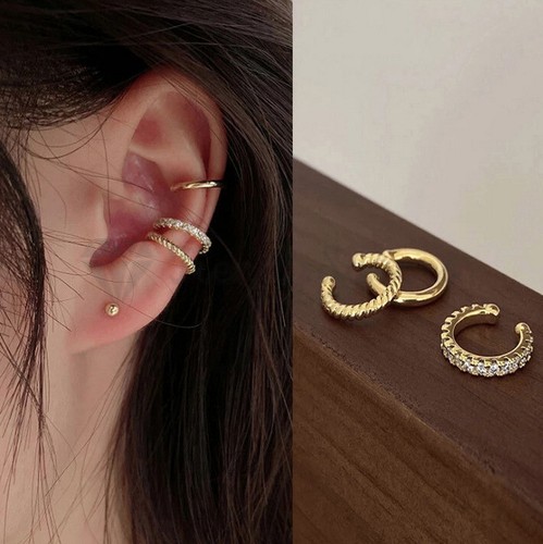 Ear Cuff 3pcs Set Sterling Silver Round CZ Gold Plated Cartilage Helix Clip On - Picture 8 of 8