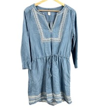 GAP Dress Chambray Blue Long Sleeve Embroidered Drawstring Waist Boho Small