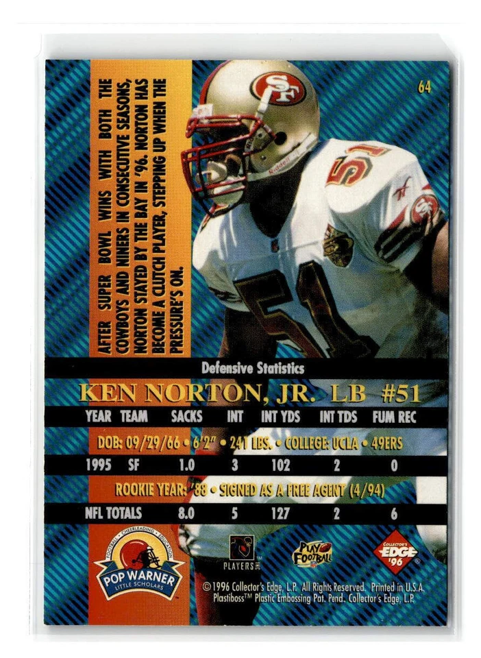1996-Collector's Edge Advantage -#64-Ken Norton Jr. -San Francisco 49ers - Image 2 of 2