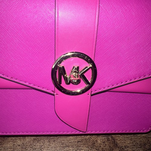 Michael Kors Small Greenwich Leather Crossbody Wild Berry and Gold Purse - Picture 12 of 12