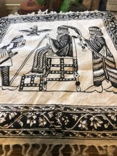 Black  Whit Hand-Made Tablecloth Beautiful Traditional Hand-Printed 17 x 17 in