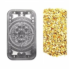1 OUNCE .999 SILVER AZTEC CALENDER BAR BU + 50 PIECE ALASKAN PURE GOLD NUGGETS