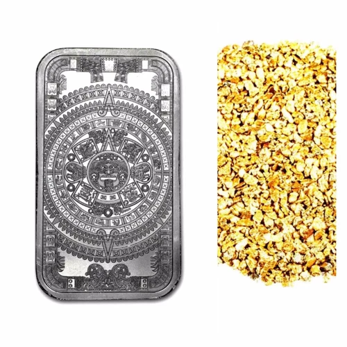 1 OUNCE .999 SILVER AZTEC CALENDER BAR BU + 50 PIECE ALASKAN PURE GOLD NUGGETS