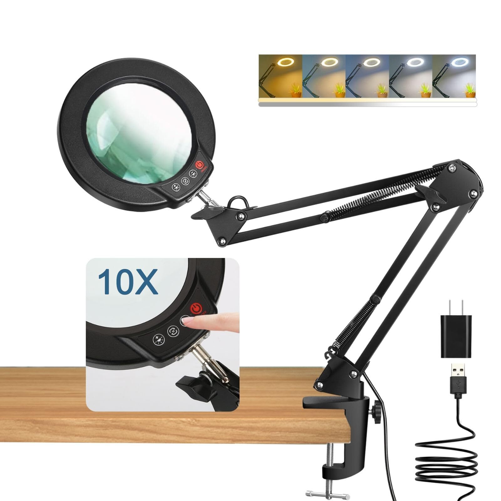 5X LED Clamp Magnifier with Stand - 5 Color Light & Real Glass Lens