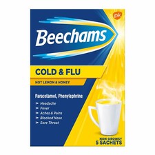 Image of Beechams Cold & Flu Hot Lemon Honey 5 Sachets Pain Relief Fever