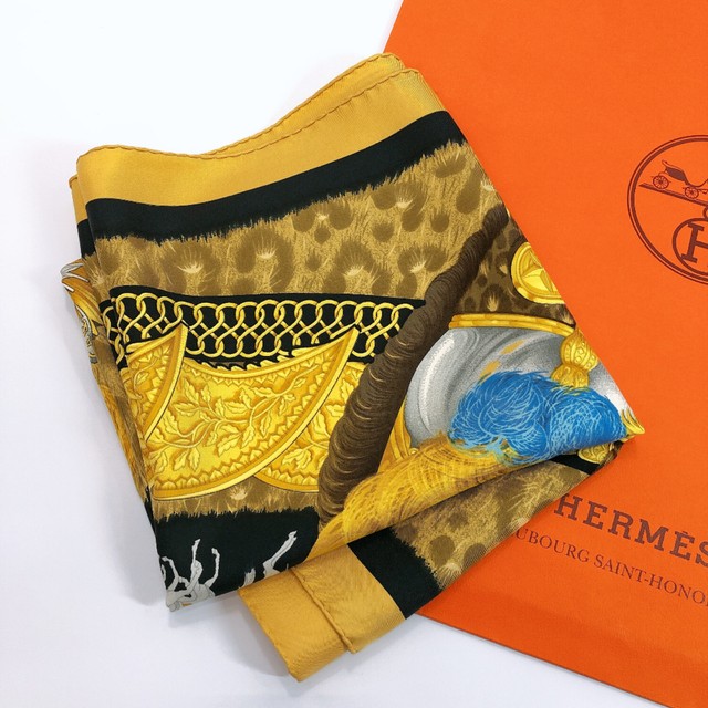 HERMES scarf Carre90 Knight & horse print silk gold Women | eBay