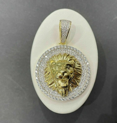 100% Natural Moissanite Diamond Medallion Lion Pendant 14K Yellow Gold Plated