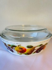 Vintage JAJ Pyrex Milk Glass orchard pattern Casserole Dish With Glass Lid