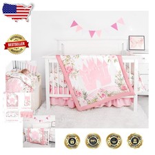 4-Piece Crib Set: Baby Girls Floral Castle Nursery, Comforter, Sheet, Skirt