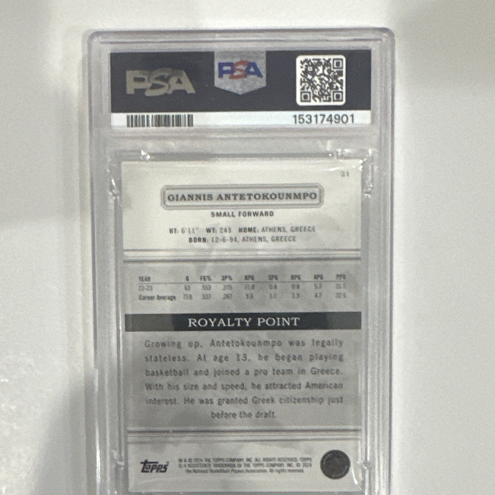 Topps Giannis Antetokounmpo 2023-24 Royalty Blue /25 #21 PSA 9 Bucks view 7
