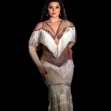 Made to Order White Crystal Tassel Belly Dance Costume