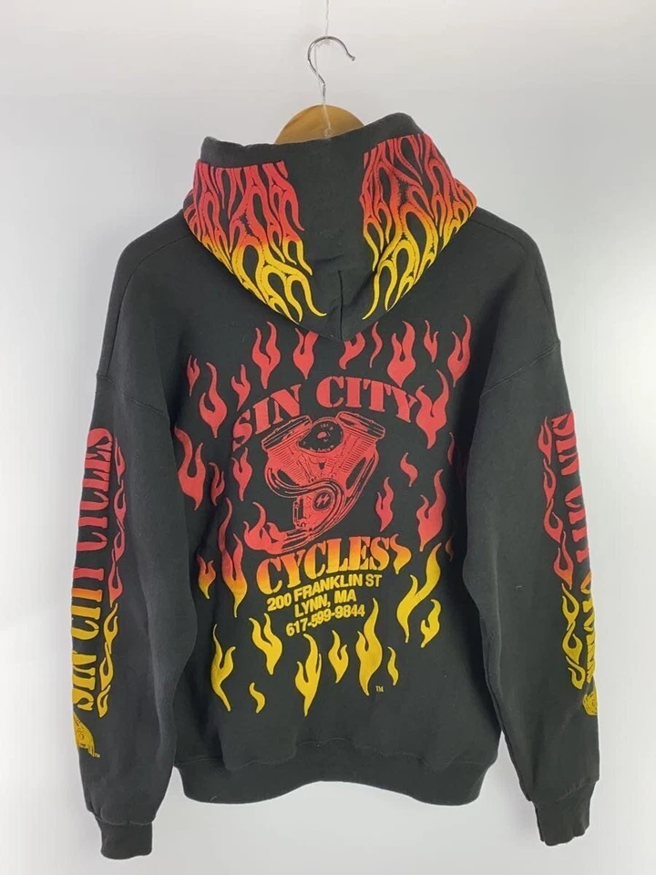 Sudadera con Capucha Lee Años 90 SIN CITY CYCLES Patrón Fuego Estampado Flocado M Algodón NEGRA Usada Foto 2 de 4