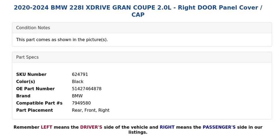 2020-2024 BMW 228I XDRIVE GRAN COUPE 2,0 л — крышка правой дверной панели / крышка - Изображение 3 из 4