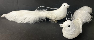 VTG Christmas Ornaments White Doves (2) Clip On/Hang Feathers Beaded Wings 8 