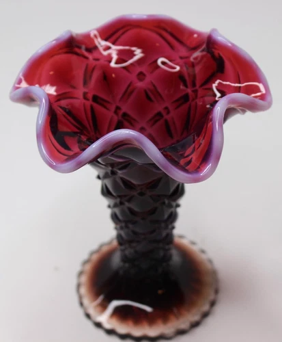 Fenton Plum Opalescent Ruffled Edge Vase Signed by Nancy Fenton # S 5564 PO