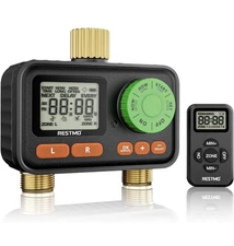 RESTMO RF Remote Controlled Sprinkler Timer with Brass Inlet & Outlet, 2 Outlets