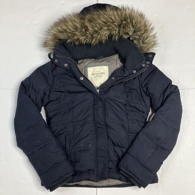 Vintage Y2K Abercrombie and Fitch Fur Trim Bomber Blue Puffer Jacket Preppy