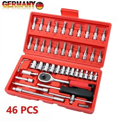 46 tlg Steckschlüssel Satz Set 1/4'' Knarrenkasten Ratschenkasten Nusssätze Tool