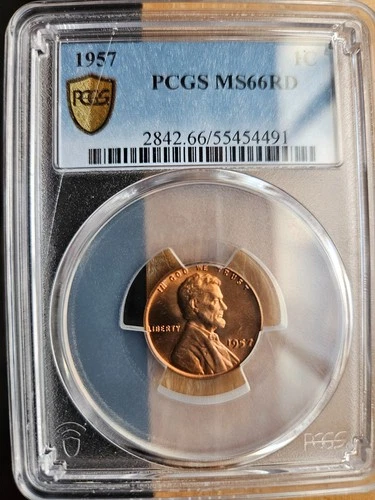 1957  LINCOLN CENT WHEAT PENNY PCGS MS66 RD GOLD SHIELD