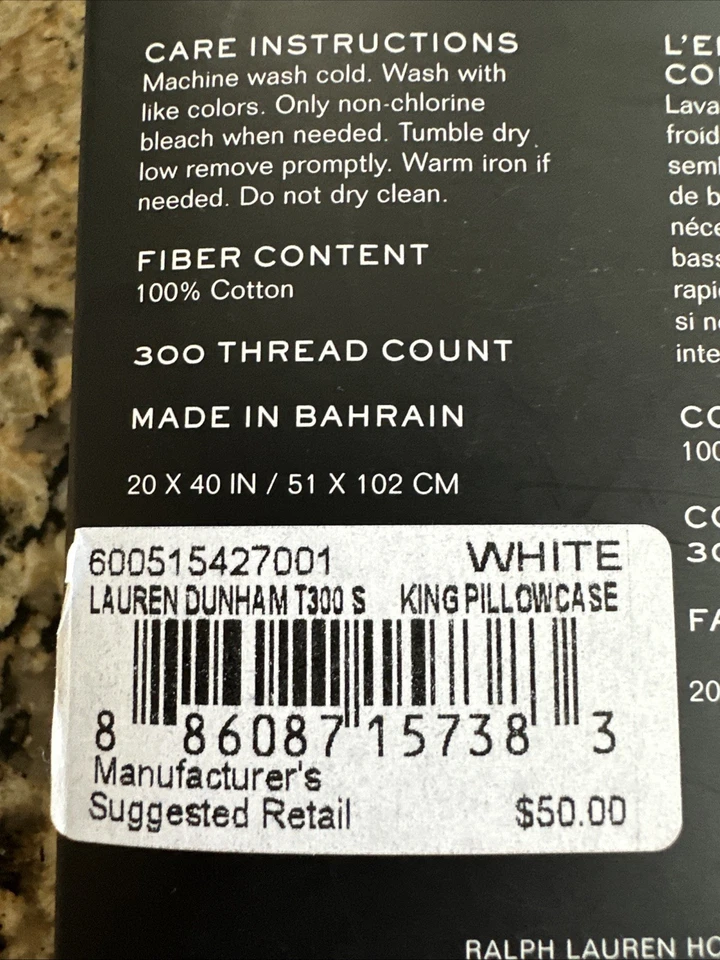 2 fronhas RALPH LAUREN DUNHAM CETIM BRANCO 300TC 100% algodão KING MSRP $50 - Imagem 3 de 3