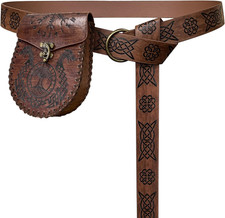Medieval Embossed O Ring Belt with Nordic Embossed Belt Bag, Vintage Faux Leathe