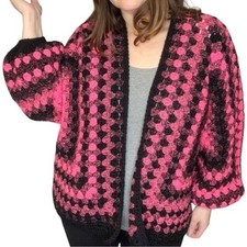 Handcrafted Crochet Cardigan Sweater Granny Stitch Wide Sleeve Neon Pink Black