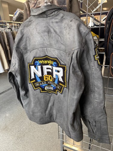 This is a grey distressed leather Wrangler National Finals Rodeo (NFR)