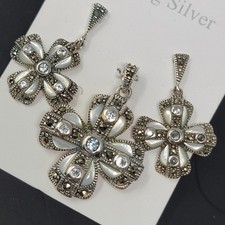 Vintage Sterling Silver Maltese Cross Marcasite Earrings Pendant Set 925