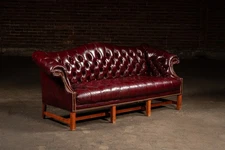 Vintage Chippendale-Style Camelback Chesterfield Leather Sofa in Oxblood