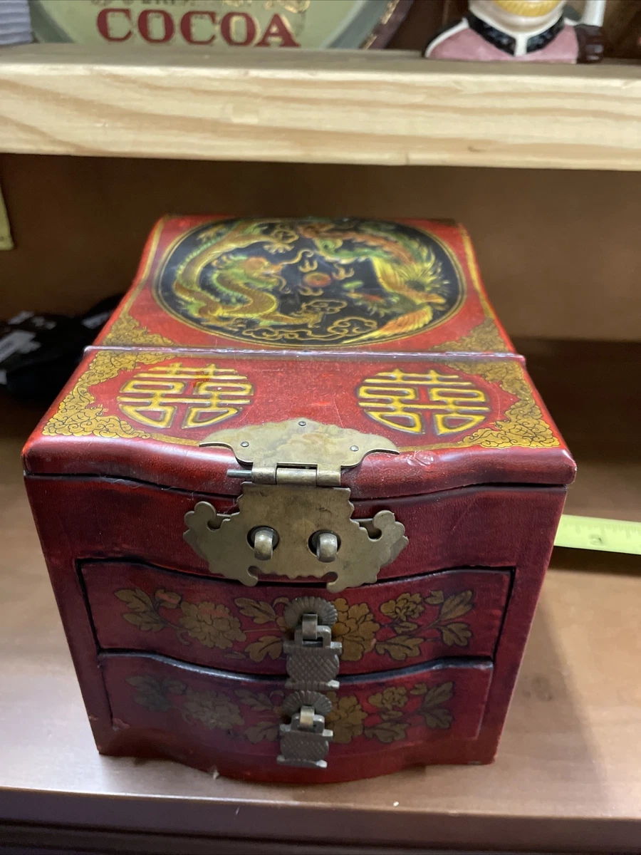 Vintage Chinese Jewelry Box 2 Drawer Fold Away Mirror Red Lacquer