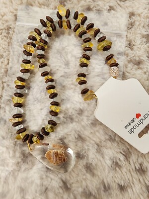 Handcrafted Necklace Citrine And Clear Quartz  With Cantharus Shell Pendent 