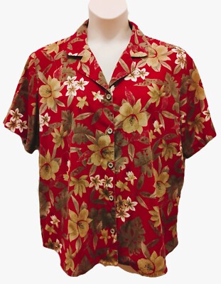EUC Classic Elements S/S Top-Gray & Olive Flowers on  Chili Red-Women's Size 16W