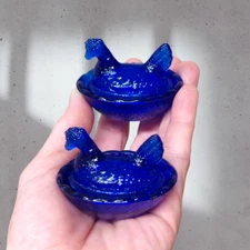 2 Cobalt Blue Depression Style Glass Hen Nest Chicken Salt Cellar Dish, Vintage