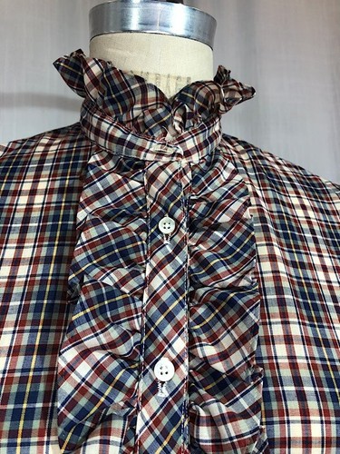 Vintage 70s Blue & Red Plaid Ruffle Blouse - Picture 2 of 5