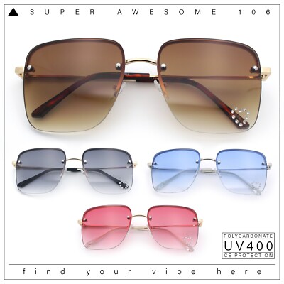 Womens Rimless Rectangle Rhinestone Heart Jewel Studded Lens Metal Sunglasses