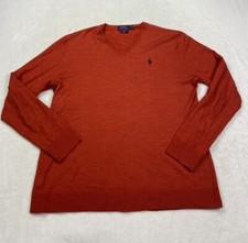 Polo Ralph Lauren Mens Size Large Red V Neck Wool Blend Sweater Slim Fit Stretch