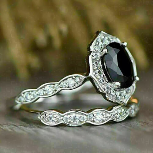 2CT Lab Created Black Diamond Engagement Bridal Ring Set 14K White Gold Plated - Picture 3 of 4