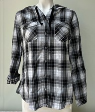 Boston Traders Women's Button Up Hooded Plaid Shirt Size M Black