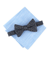Bar III Men  s Black Geometric Pre-Tied Bow Tie  Light Blue Pocket Square Set