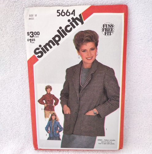 Simplicity Misses Unlined Jacket Pattern 5664 Size 18 From 1982