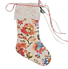 Vtg Christmas Stocking Victorian Style Tapestry Floral Pearls Lace Satin Lining