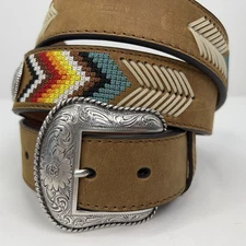 NOCONA BELT Leather Belt Western Men's 44 Southwest Embroidered Concho Tan NWOT