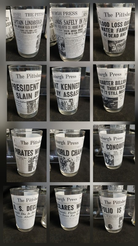 6 VTG Pittsburgh Press Glasses KENNEDY Polio US Declares War Lindbergh Pirates