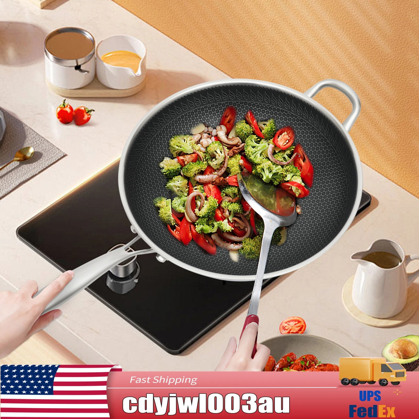 Non Stick Double Sided Honeycomb Cooking Frying Pan Wok Stainless Steel w/ Lid
