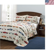 Race Car Kids' 3-Piece Quilt Bed Set, Reversible Bedding Set for Boys, Blue ...