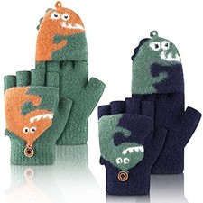 2 Pairs Kids Fingerless Gloves Knit Convertible Mitten Dark Green, Dark Blue