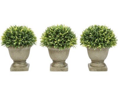 Pure Garden Set of 3 Artificial Podocarpus Grass Plant Faux Topiary Concrete Pot